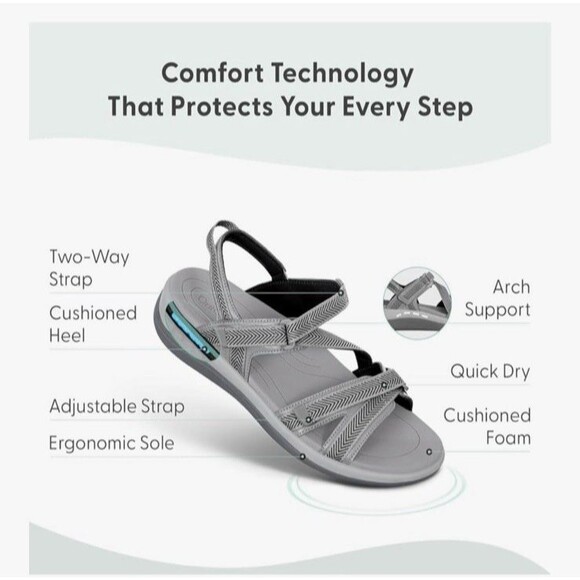 Orthofeet Lake Sandals 8.5W Gray Flat Strappy Orthopedic Comfort Adjustable - Picture 3 of 12